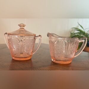 Jeannette Cherry Blossom Pink Depression Era Glass Creamer and Lidded Sugar Bowl